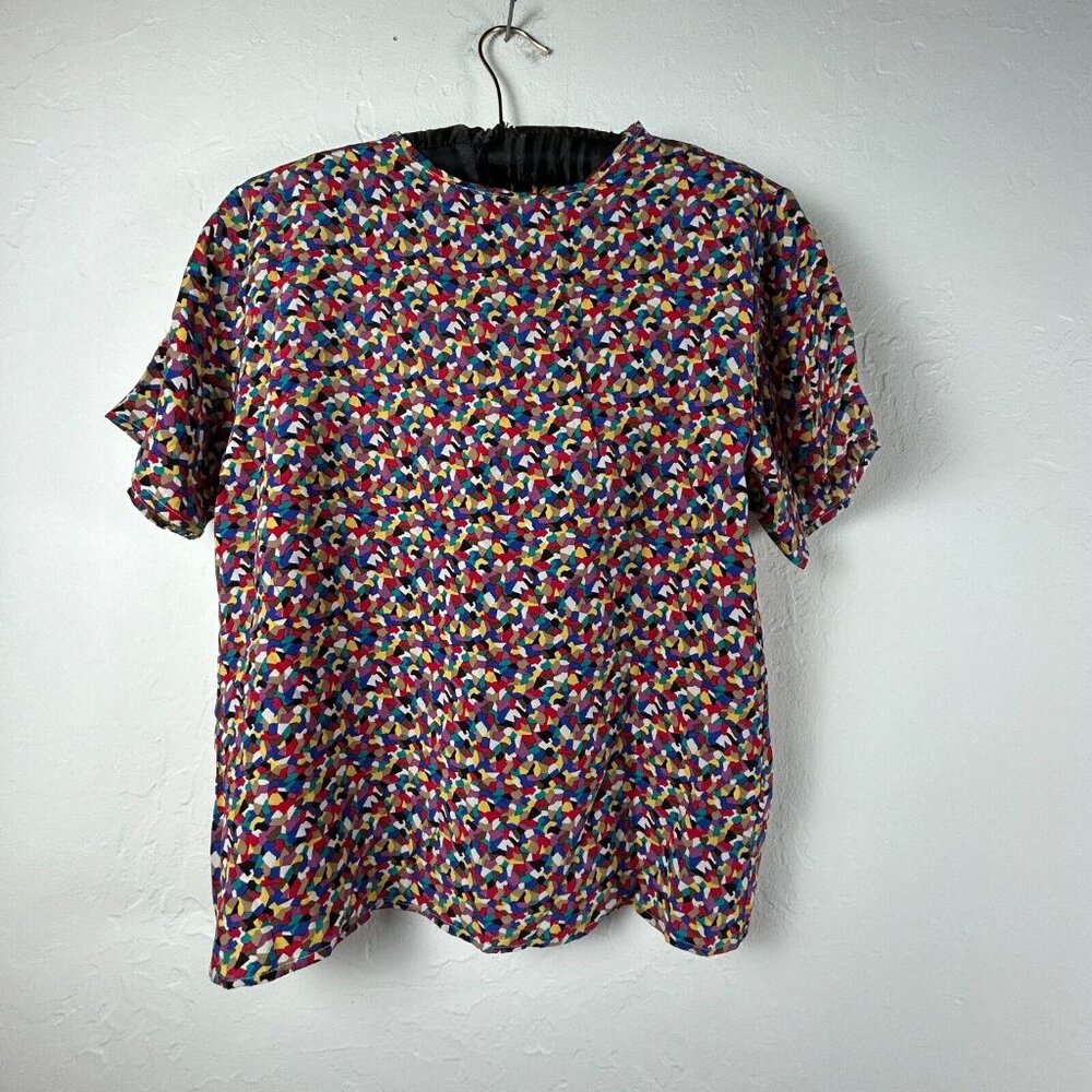Vintage Royal Silk Women Colorful Abstract Print Blouse Top Size 10 Short Sleeve